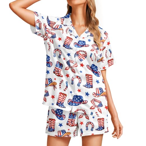 Image of Funny Pajamas for Women Set Print Satin Loungewear Pjs Short Sleeve Button Down Top and Shorts Sets Sleepwear XS-3XL