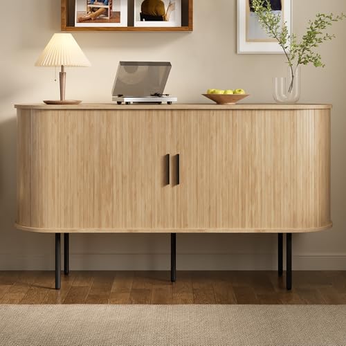 Merax Buffet 140x 40x78cm, avec Portes coulissantes à lamelles, poignées en Aluminium et Pieds en...