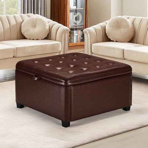 2BYF 4-in-1 Leather Storage Ottoman Large Hidden Storage Ottoman Foot Stool Square Ottoman Coffee Table with Soft-Close Hinge for Living Room (Brown)