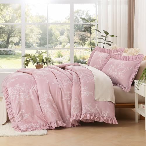 Image of Litanika Grayish Pink Full Comforter Sets, 3 Pieces Ruffle White Floral Farmhouse Bedding Comforter Sets, All Season Soft Lightweight Fluffy Microfiber Bed Set(79x90In Comforter, 2 Pillowcases)