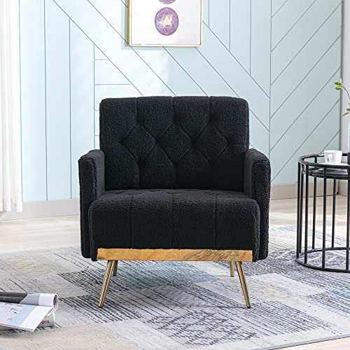 Goolon Accent Chair Faux Fur Upholstered Side Chair Leisure Single Sofa Spacious Armchair With Large Backrest Golden Metal Legs For Living Room Bedroom 1 Pcs Black #TOP1