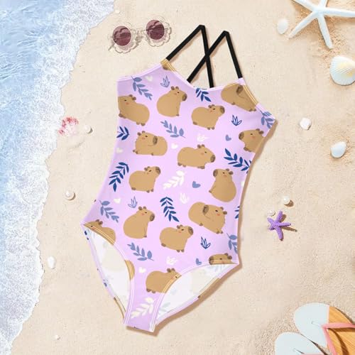 Image of Girls One Piece Swimsuits Cute Capybara Simple Flower Yellow Pattern Cute Swimwear Bathing Suits 3-10T