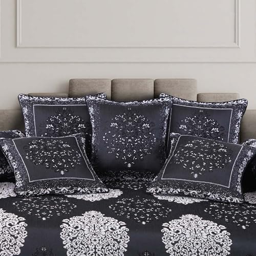 Image of Victor Styria Satin Geometrical Diwan Set 8 Pieces | Poly Cotton Diwan Cover Set with 2 Bolster Covers & 5 Cushion Covers Set for Living Room | Black & White 60x90 Inch