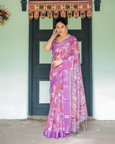 Image of Kaugalian store Linen Cotton Floral Printed Saree for Women with Unstitched Blouse Piece | 5.5 M Saree & 0.8 M Blouse