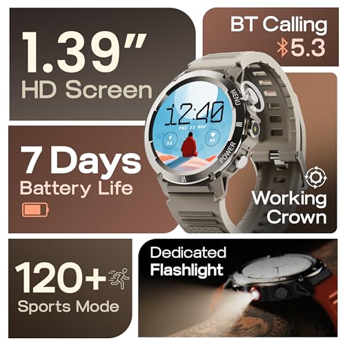 Image of GOBOULT Tuff Hawk Smart Watch 1.39'' HD Display, BT Calling, Working Crown, 150+Watchfaces, 450 Nits Brightness, AI Voice Assistant, SpO2 Monitoring (Green) (Sandstone)