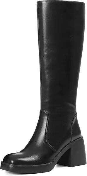 Women Knee High Boots Faux Leather Platform Chunky Square Toe Heeled Side Zipper Fall Wide Calf Long Tall Boots for Women