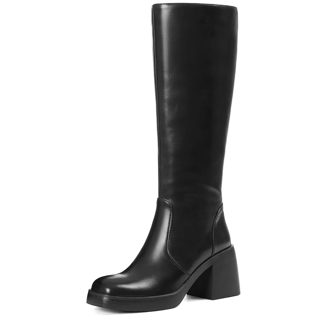 Women Knee High Boots Faux Leather Platform Chunky Square Toe Heeled Side Zipper Fall Wide Calf Long Tall