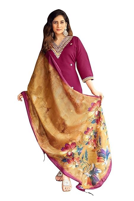 new chapter clothing Women's Cotton Blend Kurta Pant Dupatta Set, Round Neck, 3/4 Sleeve, Embroidered, Calf Length-picture-52