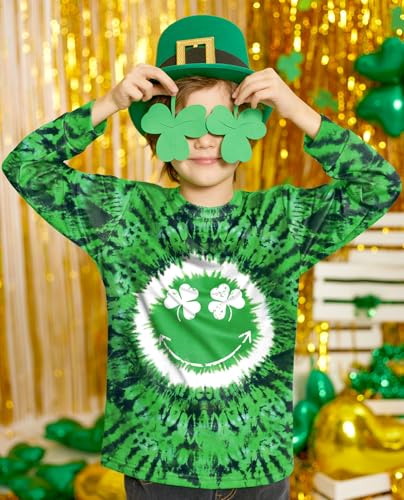 Image of Unisex Kids St. Patrick's Tie Dye Irish Clover Long Sleeve Shirt Shamrock Green Sweatshirt 6-14 Years