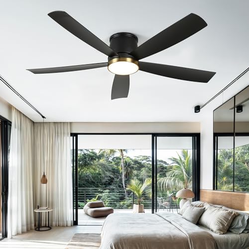 DWVO 52 Inch Ceiling Fans with Lights, Flush Mount Ceiling Fan with Remote Control, 3CCT Dimmable LED, Quiet Reversible DC Motor, 6 Speeds, 5 Blades Ceiling Fan for Bedroom, Living Room, Dining Room