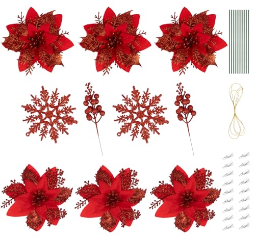 ilauke 34 flores artificiales de Navidad, decoraciones navideñas de flor de pascua roja, flores artificiales de Pascua en tamaño doble, copo de nieve con purpurina y tallos de bayas para decoración de