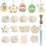 60 Stück Holzanhänger Ostern Basteln Kinder Set, Osterbasteln mit Kindern, Holzanhänger Ostern zum Bemalen mit 3 Aquarellstift, Diy Osterdeko zum Aufhängen mit Hanfseil und Farbenfrohem Design