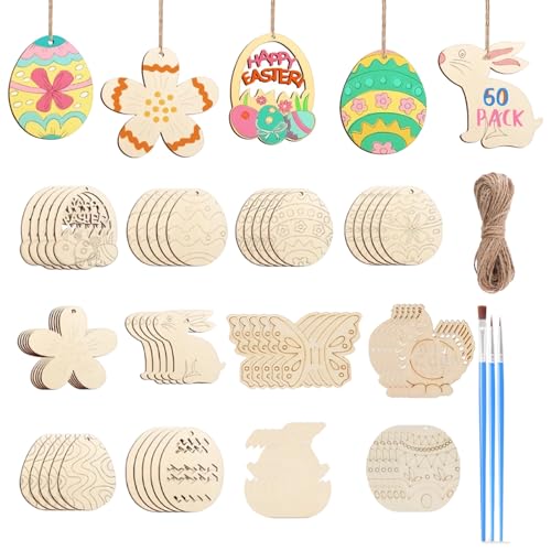 60 Stück Holzanhänger Ostern Basteln Kinder Set, Osterbasteln mit Kindern, Holzanhänger Ostern zum Bemalen mit 3 Aquarellstift, Diy Osterdeko zum Aufhängen mit Hanfseil und Farbenfrohem Design