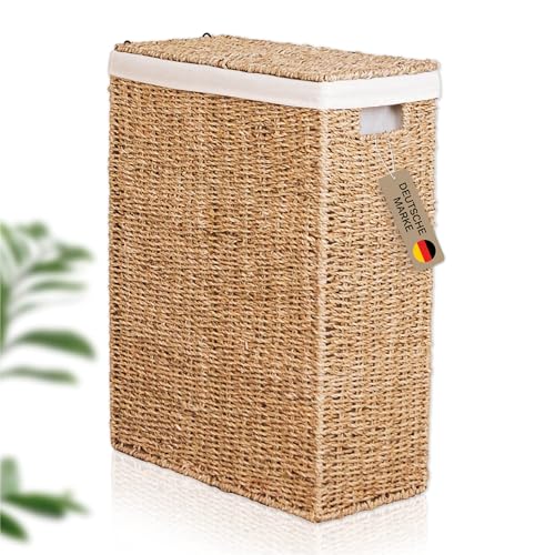 Lycce Wäschekorb schmal 50l | platzsparender Wäschekorb mit Deckel | geflochtener Wäschesammler aus Seegras mit Henkel | Nischenwäschekorb mit...