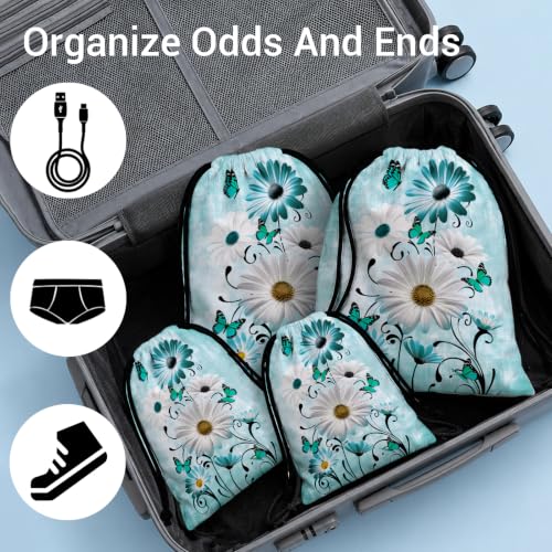 Image of Storage Bag With Drawstring Daisy Flower Butterfly Green Pouch for Outdoor Hiking Sport