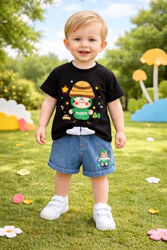 Image of Bold N Elegant Kids Half Sleeve 3D Cartoon Tiger Cotton T-Shirt with Denim Shorts Summer CLothing Set for Infant Toddler Preschool Boys n Girls | Cook Outfit For Kids