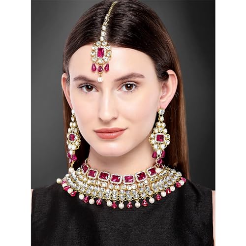 Image of Peora Crystal Choker Necklace with Maang Tikka Earrings Indian Traditional Bridal Wedding Jewellery Set for Women
