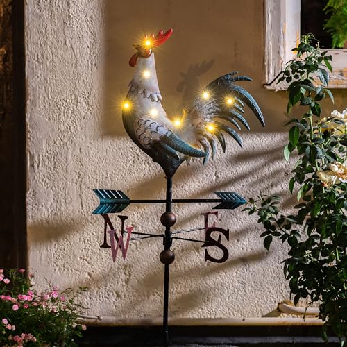 TERESA'S COLLECTIONS Wetterhahn Windfahne,Metall-Hahn Wind Vane 86cm,Weiß Hahn-Wetterfahne,Gartendeko für Draußen,Windrichtungsanzeige Solar Dekoration für Garten,Muttertagsgeschenk Vatertagsgeschenk