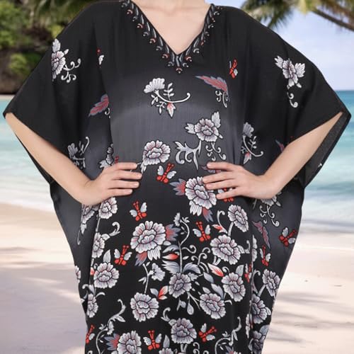 Image of Miss Lavish London Women's Black Floral Kaftan Dress with Pockets, V Neck Maxi Caftan Beach Cover Up, Short Sleeve Resort Wear Dress, Plus Size Swimsuit Coverup, Caftan Maxi Beach Dress-Black-3XL