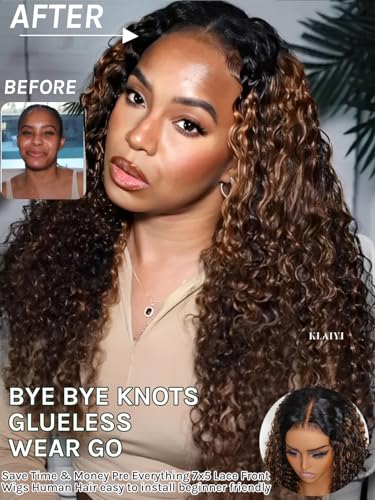Image of KLAIYI Ombre Brown Water Wave Bye Bye Knots Glueless Wig Human Hair Pre Cut 7x5 Lace Front Wigs Drawstring Pre Plucked Bleached Highlight Balayage Curly Ready to Wear and Go Wig with Dark Roots 26Inch