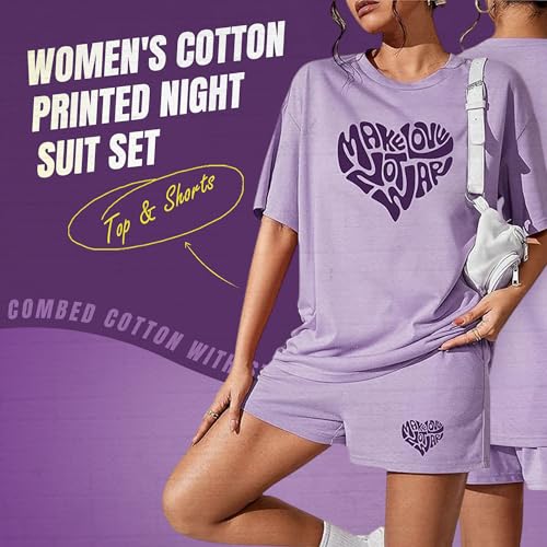 Image of KSHS Women Cotton Night Suit Top & Shorts Set | Loose Fit Printed Nightwear Co Ord Set Stylish Western | Soft Breathable Sleepwear Shorts with Pocket for Women