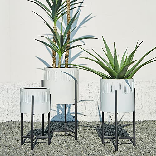 Glitzhome Mid Century Plant Stand With Pot, Set Of 3 Modern Metal Planters With Stands, Flower Pot Holders Perfect For Indoor Outdoor Plants Plant Stand Not Adjustable, White #TOP4