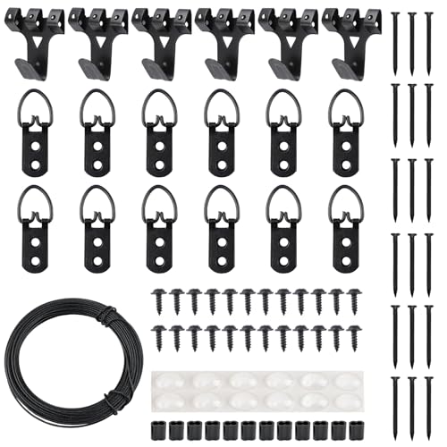 Image of Picture Hanging Kit - 1 Roll 10M Picture Wire & 6 Hanging Hooks & 12 D-Rings with Nails Heavy Duty Picture Hangers for Wall Art, Exhibitions & Galleries(Black)