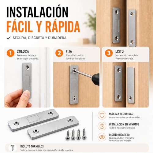 Miniatura 6 de Gaevaz Imanes Con Adhesivos O Tornillos Para Puertas De Armario Cierre Magnético Fuerte Y Discreto Imanes Para Cierre De Puertas Cocina, Cajones Fácil Instalación Plata, Pack 4 1,5x4cm