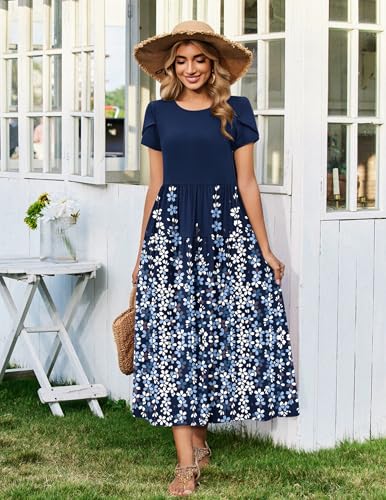 Image of Zeagoo Summer Dresses for Women 2026 Maxi Bohemian Floral Short Sleeve Long Dress Casual Flowy Tired Beach Sundress
