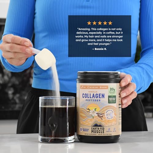Image of Earth Fed Muscle Vanilla Collagen Peptides, Third-Party Certified. 20g Protein, Vanilla - Grass Fed, Non-GMO, Hormone Free, Gluten Free - Multi-Type - 20 Servings