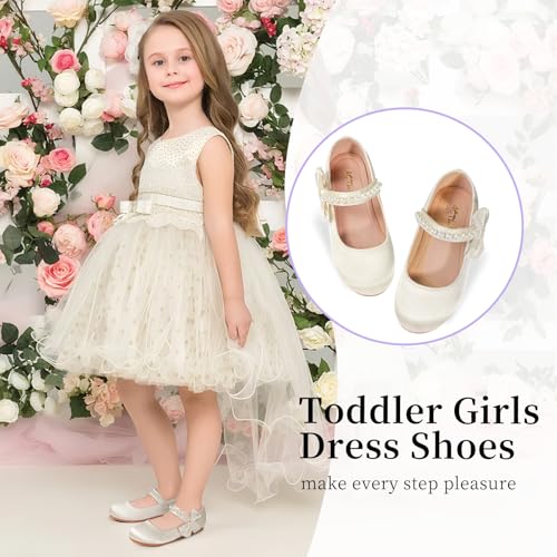 Toddler Girl Satin Dress Shoes with Pearl Bowknot - Flower Girl Ballet Flats Soft Non-Slip Sole Mary Jane Princess Shoes for Wedding Party2