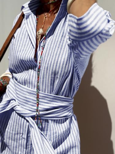 Image of chouyatou Women's Summer 3 /4 Sleeve Striped Shirt Dress Belted Maxi Long Casual Button Down Beach Dress
