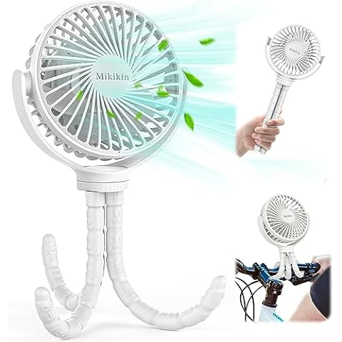 Mikikin Portable Fan Battery Operated, Small Stroller Fan with Flexible Tripod Clip-on for Baby, USB Rechargeable and Handheld Cooling Fan for Travel, Camping, Treadmill and Bedroom(White) Cover