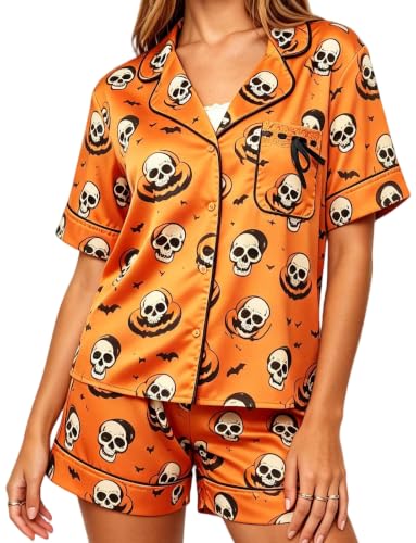 Image of Women Holiday Satin Pajamas Short Sleeve Shirts Shorts Set 2pc Loungewear