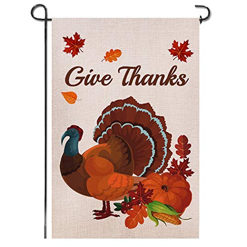 Shmbada Give Thanks Thanksgiving Day Autumn Welcome Double Sided Burlap Garden Flag, Premium Material, Seasonal Holiday Outdoor Decorative Small Flags for Home House Yard Lawn Patio, 12.5 x 18.5 inch
