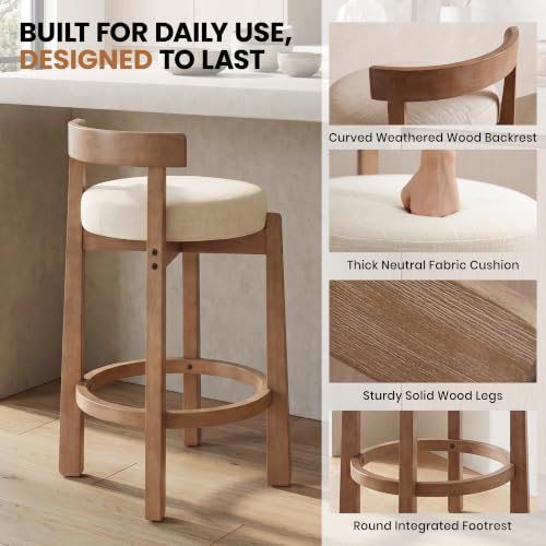 Image of LukeAlon Mid Century Linen Counter Stools Set of 6, Upholstered 26.5 inch Seat Height Low Barstools with Natural Wood Legs Round Low Back Kitchen Stools with Footrest for Dining Room, Beige