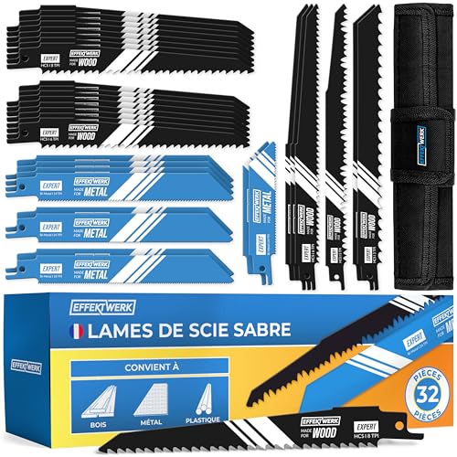 Effektwerk Lames de scie alternative (32 pièces), jeu de lames de scie de rechange en acier au carbure, scies sabre HCS et bimétalliques pour bois, métal et...