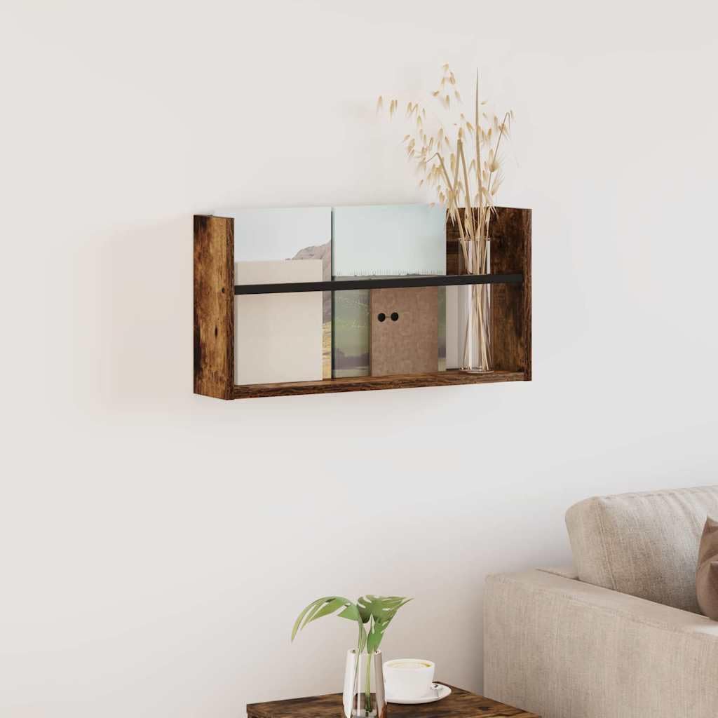 Regał na magazyny, dąb wędzony, materiał drewnopochodny, 60 x 12 x 30 cm, montowany na ścianie, z 1 regałem na deski do salonu, biura, korytarza, kącika do czytania, do oszczędzającego