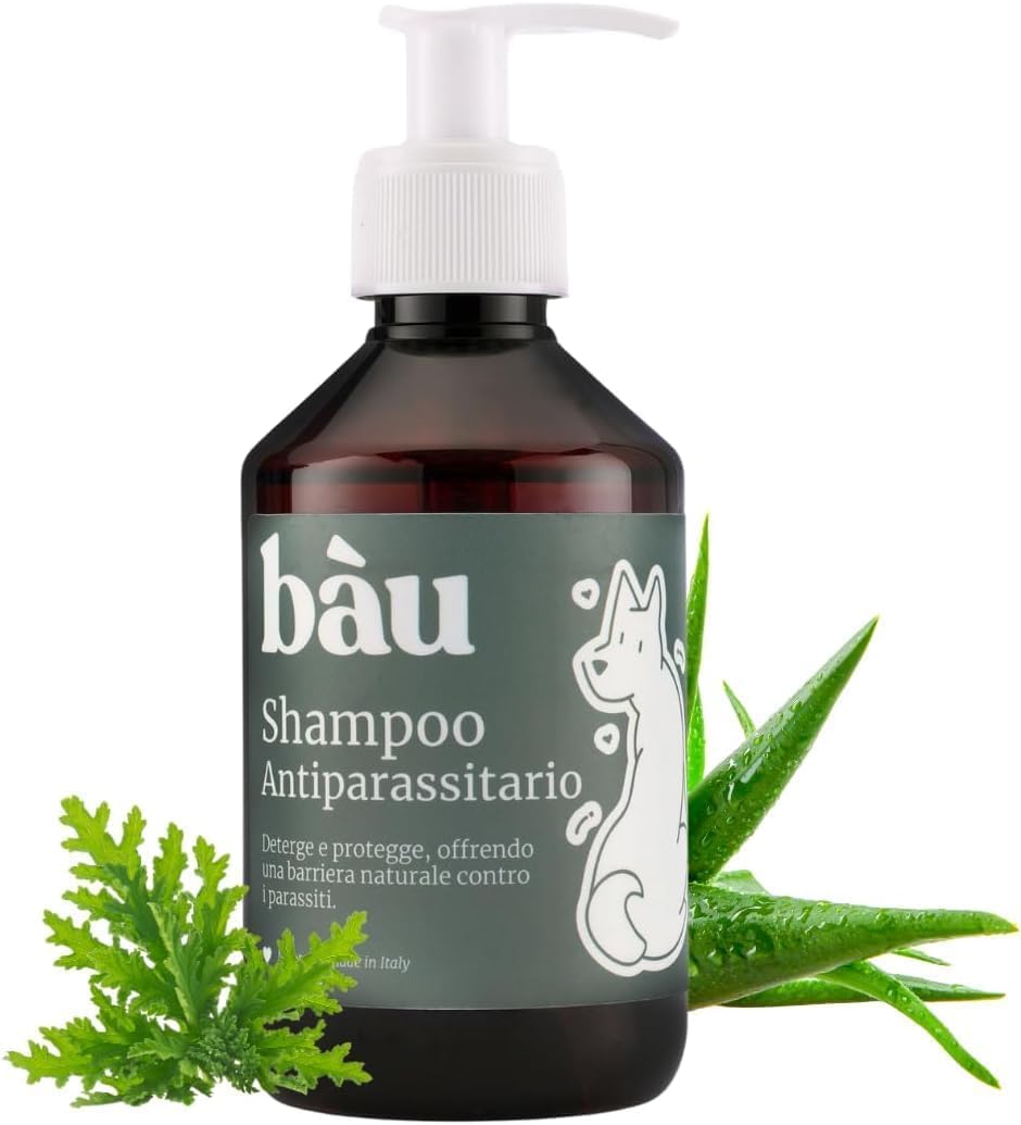 Bau Cosmesi Shampoo Antiparassitario per Cani con Olio di Neem e Aloe Vera, Protezione 100% Naturale Contro Pulci e Zecche, Shampoo Antipulci per Cani e Gatti Delicato sulla Pelle
