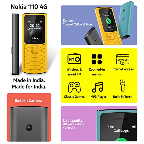 Image of Nokia 110 4G with Volte HD Calls, Up to 32GB External Memory, FM Radio (Wired & Wireless Dual Mode), Games, Torch | Yellow 110 DS-4G