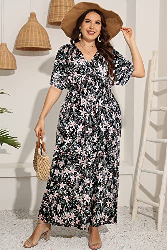 Image of OSTOO Women's Plus Size Hawaii Empire Waist Bat Short Sleeve Casual Floral Print Boho Maxi Dress