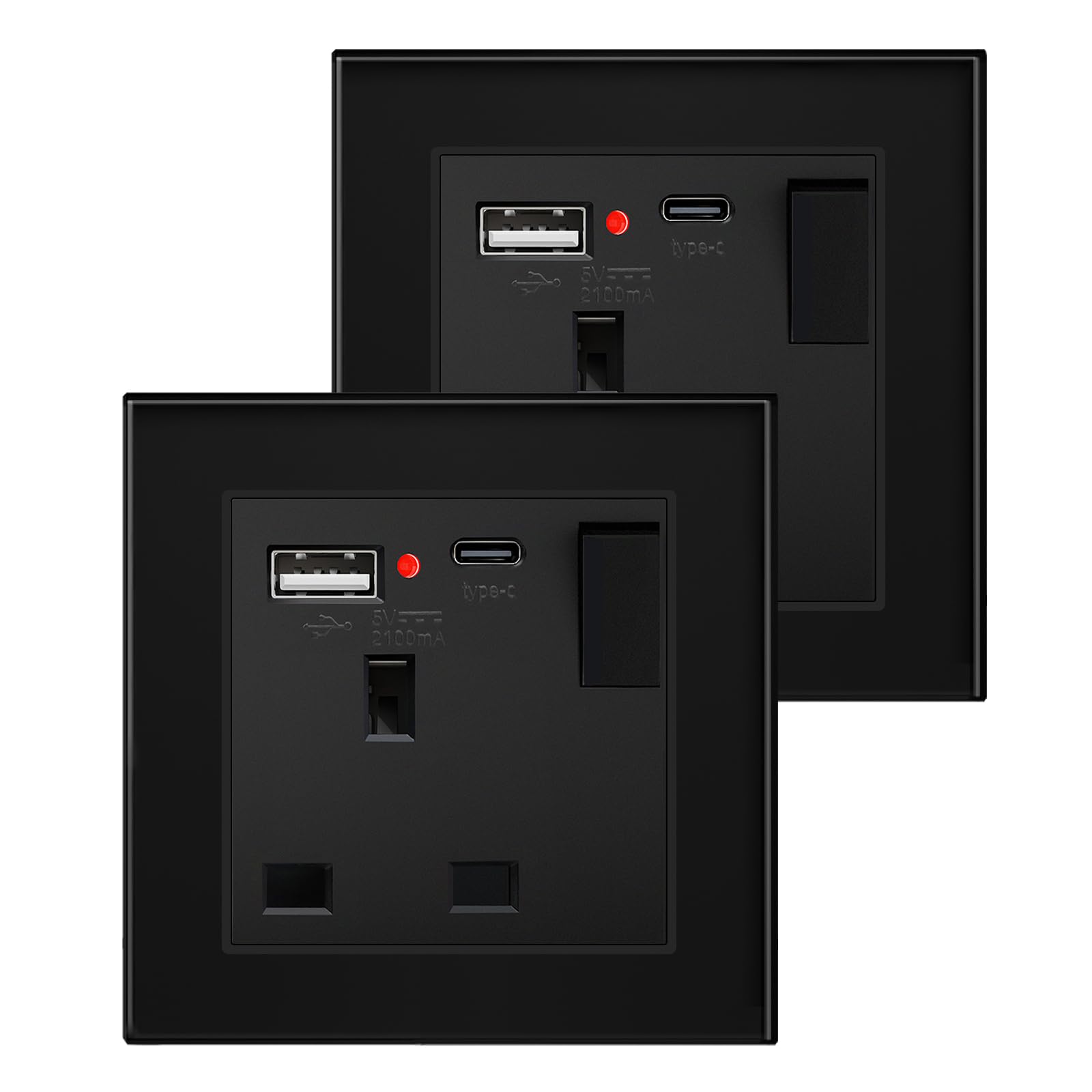 BSEED Single Switched Socket with USB C and USB A Charging Ports, UK Standard Electric Power Sockets with Glass Panel, 1 Gang Wall 13A Socket, Black, 2 Pack — image 1