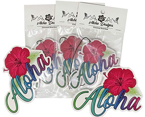 Aloha Designs 3 Pack Aloha Hawaii Hibiscus Long Lasting Coconut Air Freshener and 2 Aloha Stickers | Decorative Hawaiian Tropical Scented Hanging Air Freshener With Island Vibe For Car, Closest, Home,