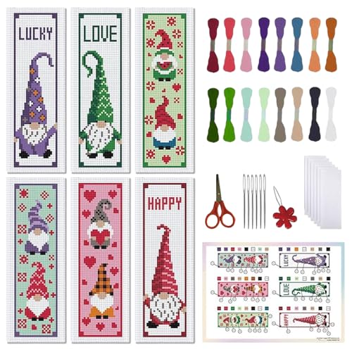 Image of FREEBLOSS 6Pcs Cross Stitch Bookmark Kits Gnome Elf Pattern Stamped Embroidery Bookmarks Beginner Embroidery Kit with Instructions Counted Cross Stitch Kit for Hand Embroidery Gift