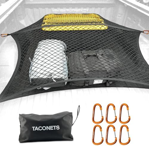 TacoNets Upgraded Highly Elastic Cargo Net, USA Company, Simple Truck Bed Cargo Mesh Organizer, Suitable for Light Loads, Heavy Duty Carabiners, 4'x4' Double Layer
