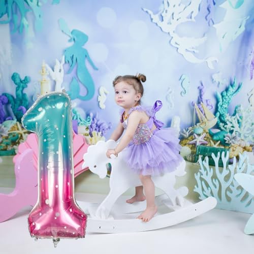 Image of 40 Inch Blue Pink Number 1 Balloon for 1st Birthday Decoration, Large Rainbow Mermaid Mylar Foil Number Balloons 0-9 for Girl, Starry One Helium Balloons for Women 1st Anniversary Magic Party Supplies
