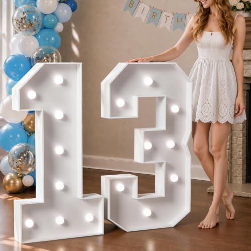 Image of Marquee Numbers 3 Feet Tall Big Light Up Numbers 13th Happy Birthday Decorations Girl Boy White Anniversary Party Decor Large Cardboard Prop Backdrop Sign 13