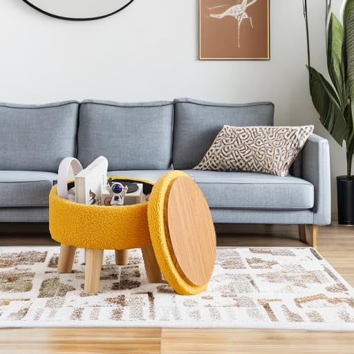 Miniatura 5 de Wimarsbon Otomana de almacenamiento, moderno reposapiés redondo con asiento acolchado suave, reposapiés de terciopelo de peluche con patas de