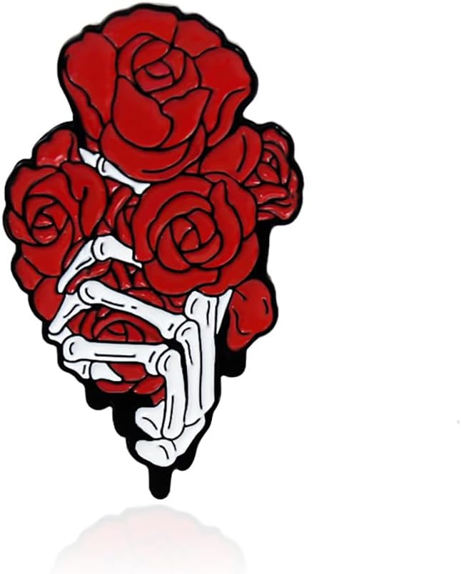 Red Rose Bouquet Skull Hand Brooch Lapel Pin Enamel Flower Rock Skeleton Halloween Horror Badge Pins Suit Dress Hat Jacket Jeans Accessories Brooches for Women Men Punk Jewelry Holiday Costume Decor
