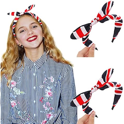 2 Pcs Mother's Day Bunny Ears Union Flag Headband Union Flag Bowknot Head Band Union Flag Bow Girls Headbands Blue White Red British Hairband for Women Girls Yoga Parade Cycling Outdoor Fitness Party Cover